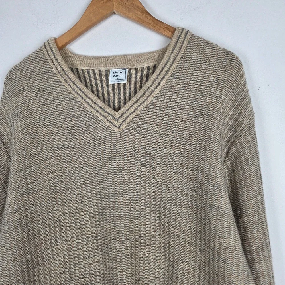 Vintage Pierre Cardin Men's V-Neck Sweater Tan Striped Knit Size L Preppy Casual